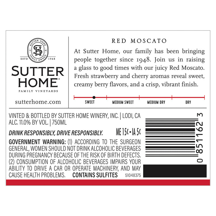 Sutter Home Red Moscato California - 750ML - Back Label