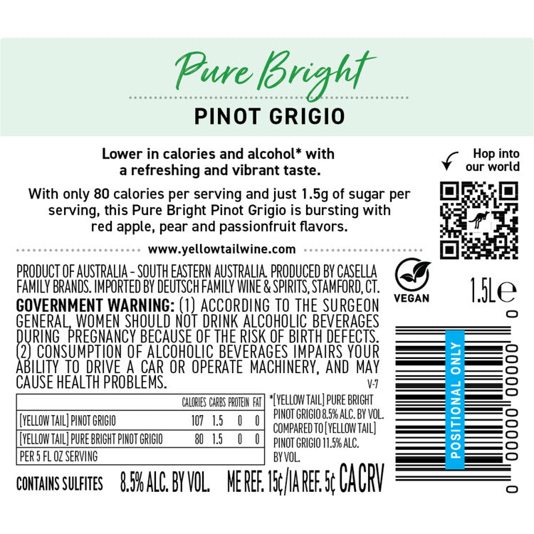 Yellow Tail Pinot Grigio Pure Bright Only 80 Calories South Australia - 1.5L - Back Label