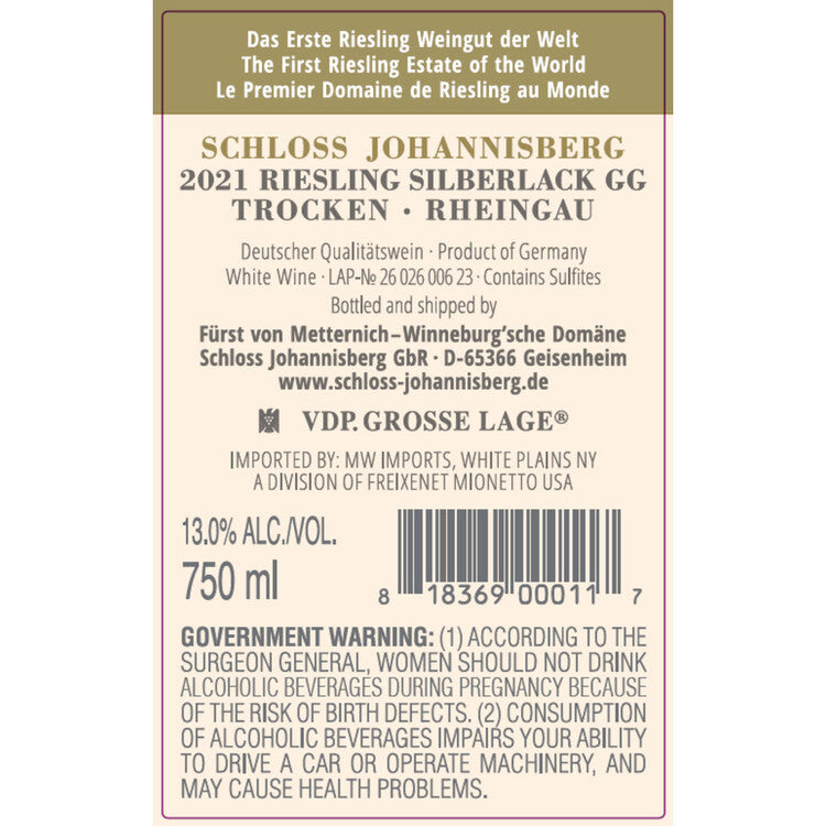Schloss Johannisberg Riesling Erstes Gewachs Silberlack Rheingau Schlo - 750ML - Back Label