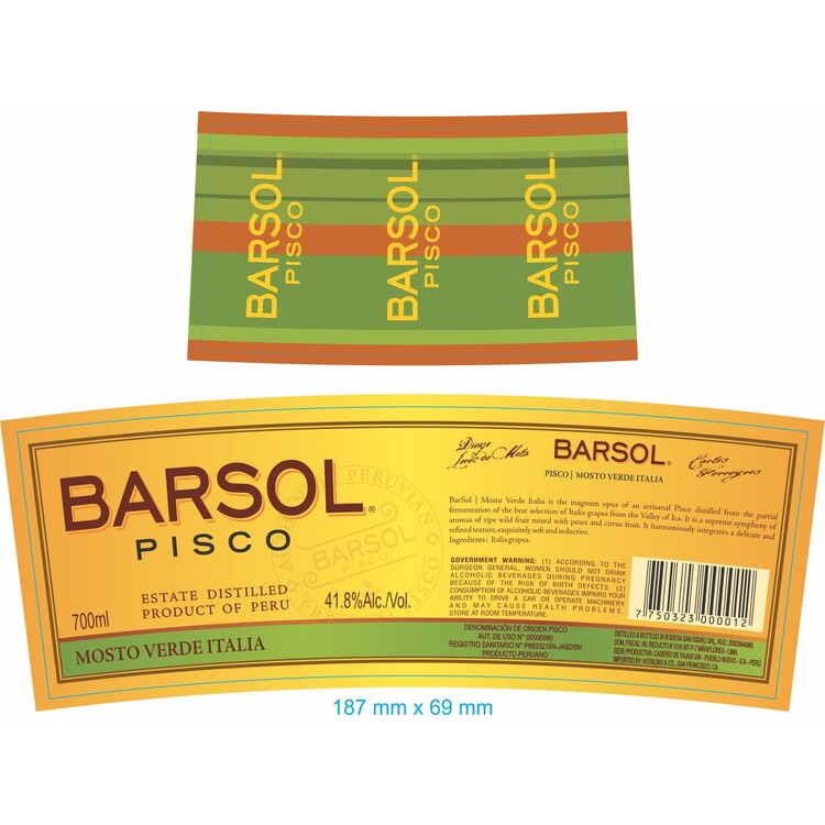 Barsol Pisco Mosto Verde Italia 82.6 - 700ML