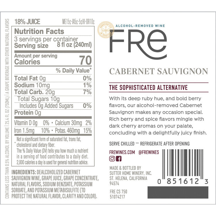 Fre Cabernet Sauvignon Alcohol Removed - 187ML - Back Label