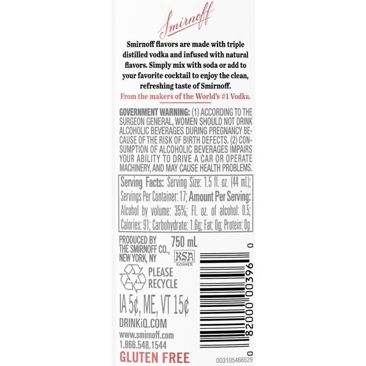 Smirnoff Vodka Raspberry Flavored 60 - 750ML