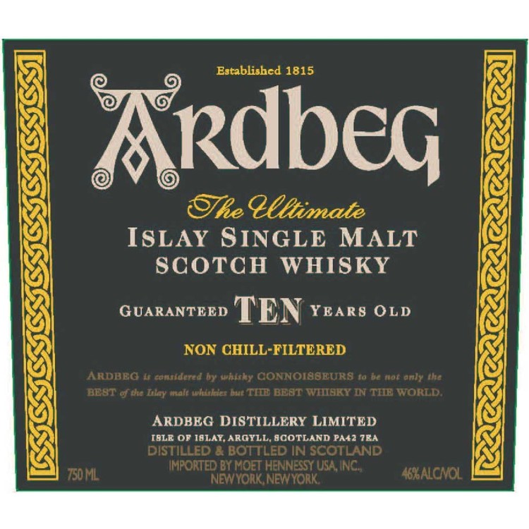 Ardbeg Single Malt Scotch 10 Yr 92 W/ Gift Box - 750ML - Front Label