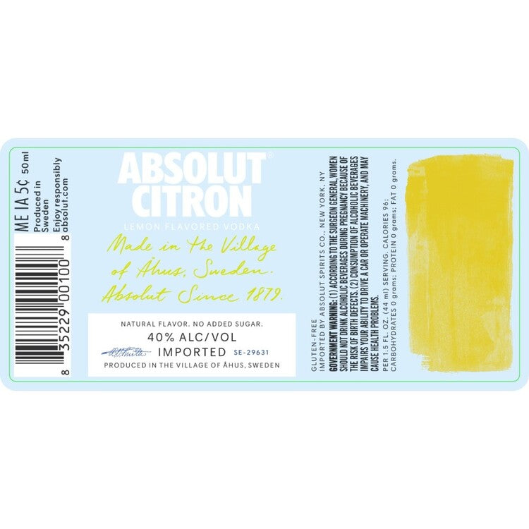 Absolut Lemon Flavored Vodka Citron 80 - 50ML - Back Label