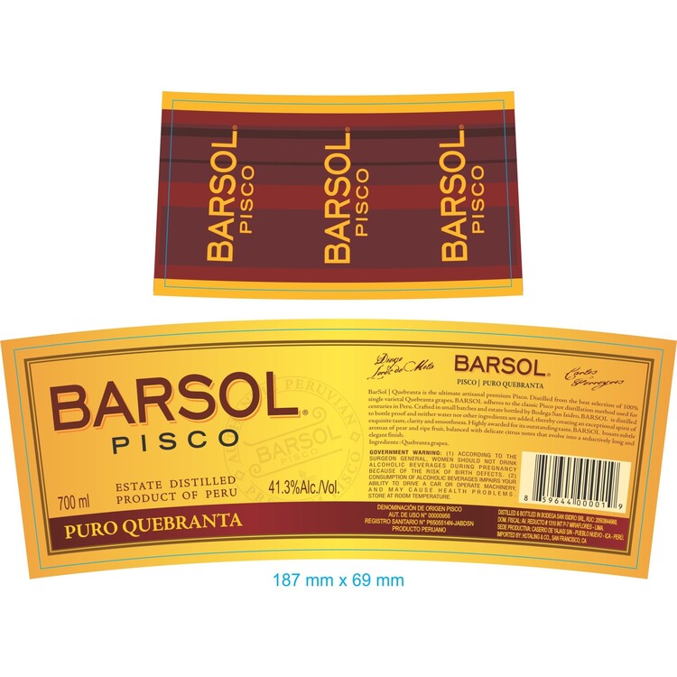 Barsol Pisco Puro Quebranta 82.6 - 700ML - Front