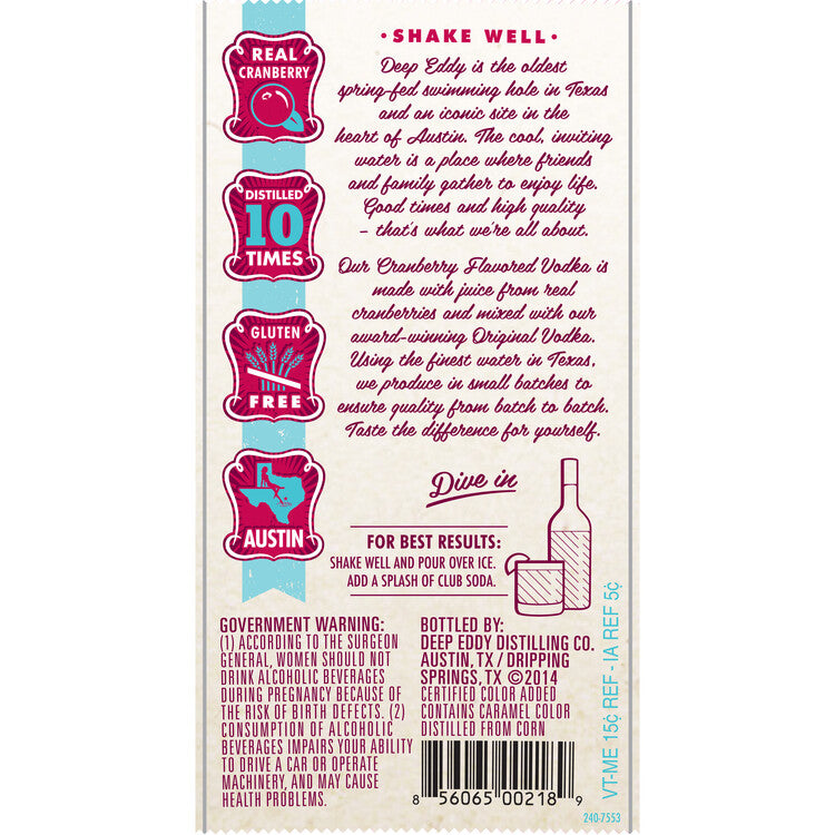 Deep Eddy Cranberry Flavored Vodka 70 - 1.75L - Back Label