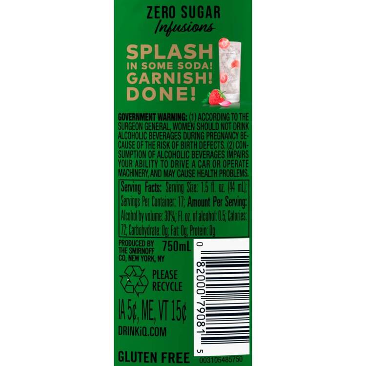 Smirnoff Strawberry & Rose Flavored Vodka Zero Sugar Infusions 60 - 750ML - Back Label