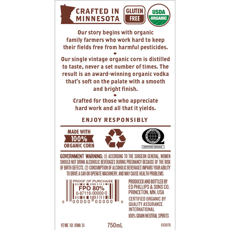 Prairie Vodka 80 - 750ML - Back Label