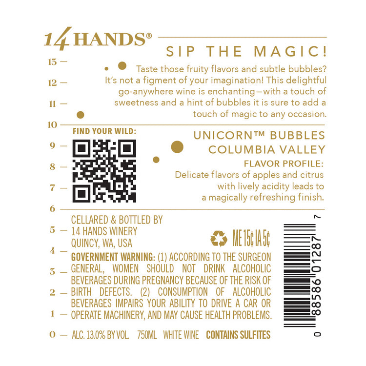 14 Hands White Wine Unicorn Bubbles Columbia Valley - 750ML - Back Label
