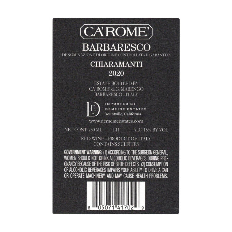 Ca'Rome' Barbaresco Chiaramanti 2020 - 750ML - Back