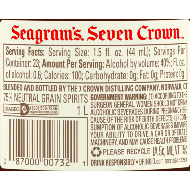Seagram's Blended American Whiskey 7 Crown 80 - 1.0L - Back Label