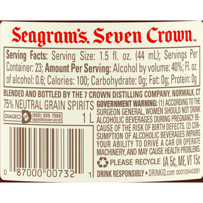 Seagram's Blended American Whiskey 7 Crown 80 - 1.0L - Back Label