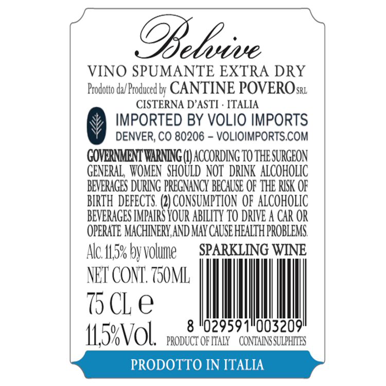 Cantine Povero Extra Dry Belvive Italy - 750ML - Back Label