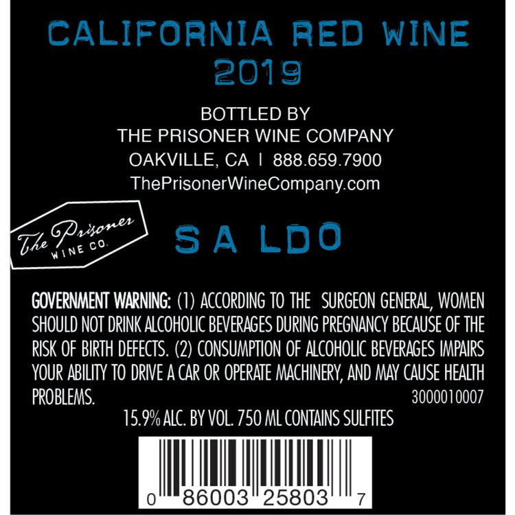 Saldo Red Blend California 2021 - 750ML - Back Label