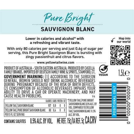 Yellow Tail Sauvignon Blanc Pure Bright Only 80 Calories South Austral - 1.5L - Back Label