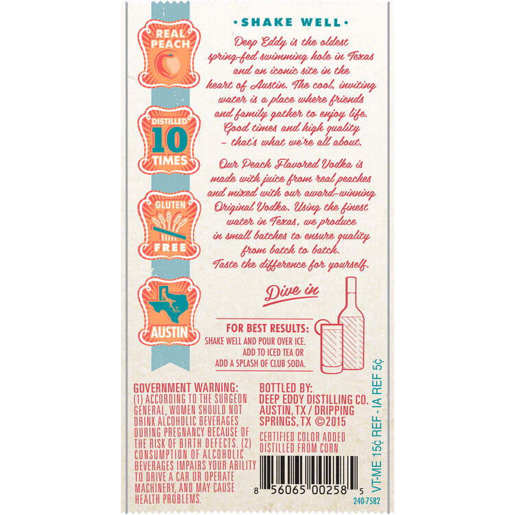 Deep Eddy Peach Flavored Vodka 70 - 750ML - Back Label