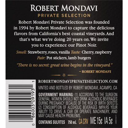Robert Mondavi Private Selection Pinot Noir California - 750ML - Back Label
