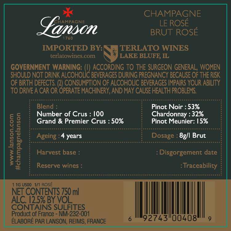 Lanson Champagne Brut Rose Le Rose 4 Yr - 750ML - Back Label