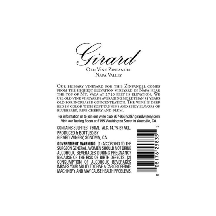 Girard Zinfandel Old Vine Napa Valley 2022 - 750ML - Back