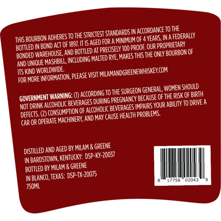 Milam & Greene Straight Bourbon Bottled In Bond 4 Yr 100 - 750ML - Back Label
