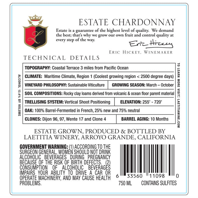 Laetitia Chardonnay San Luis Obispo Coast 2023 - 750ML - Back Label