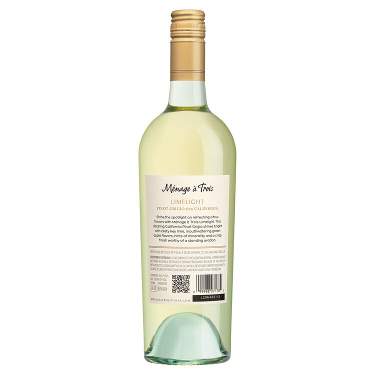 Menage A Trois Pinot Grigio Limelight California - 750ML - Back