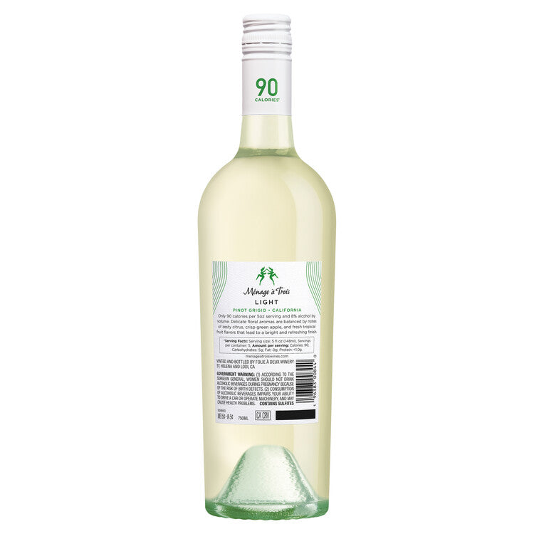 Menage A Trois Pinot Grigio Light California - 750ML - Back