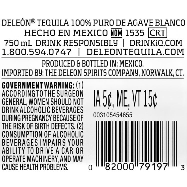 Deleon Tequila Blanco 80 - 750ML - Back Label