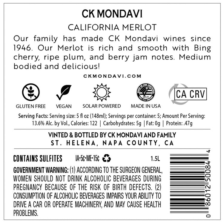 Ck Mondavi Merlot California - 1.5L - Back Label