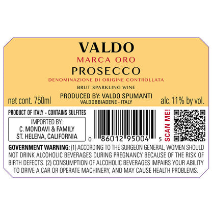 Valdo Prosecco Brut Marca Oro - 750ML - Back Label
