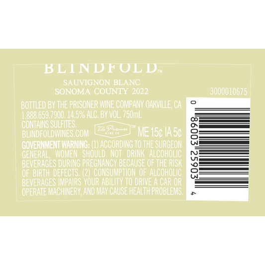 Blindfold Sauvignon Blanc Sonoma County 2022 - 750ML - Back Label