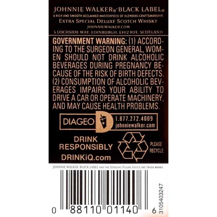 Johnnie Walker Blended Scotch Black Label 12 Yr 80 - 1.0L - Back Label