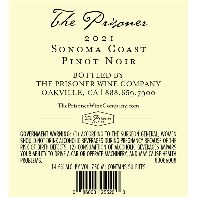 The Prisoner Pinot Noir Sonoma Coast 2021 - 750ML