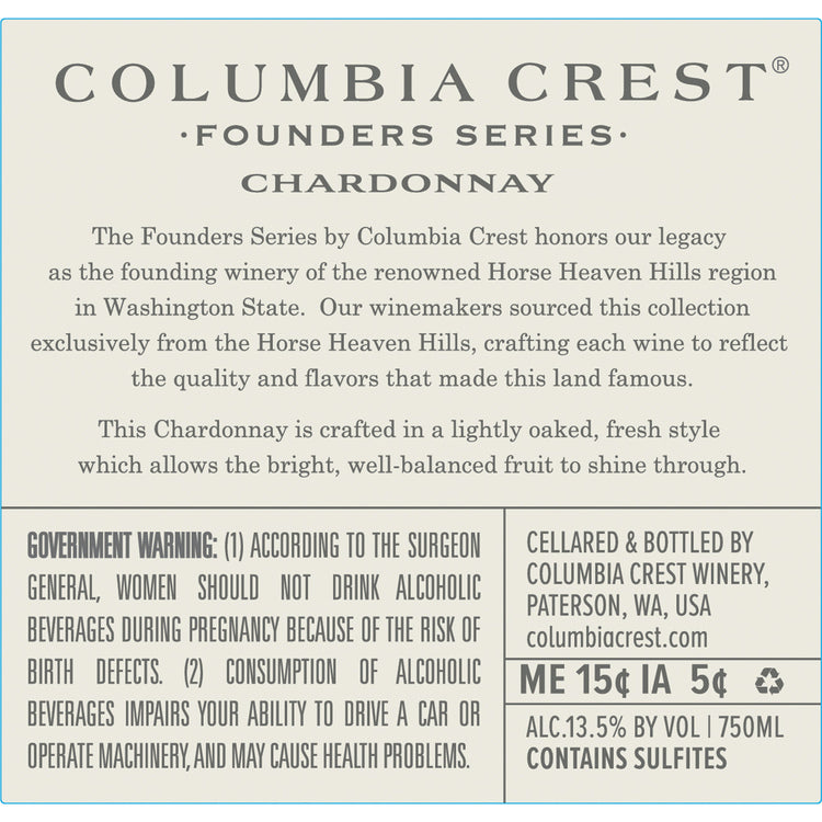 Columbia Crest Chardonnay Founders Series Horse Heaven Hills 2022 - 750ML - Back Label