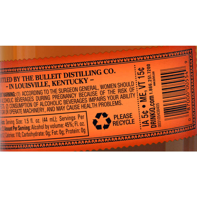 Bulleit Straight Bourbon Frontier Whiskey 6 Yr 90 - 1.0L - Back Label