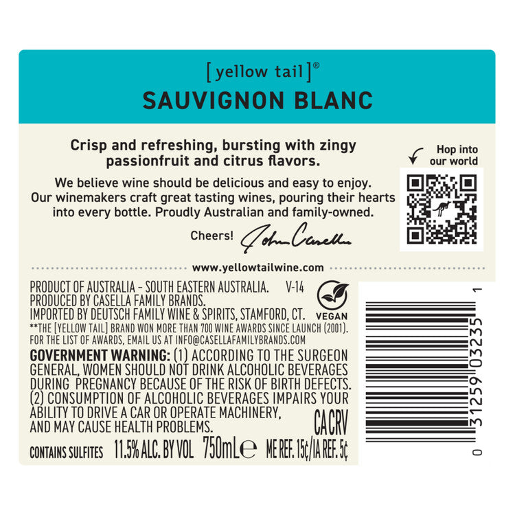 Yellow Tail Sauvignon Blanc South Eastern Australia - 750ML - Back Label