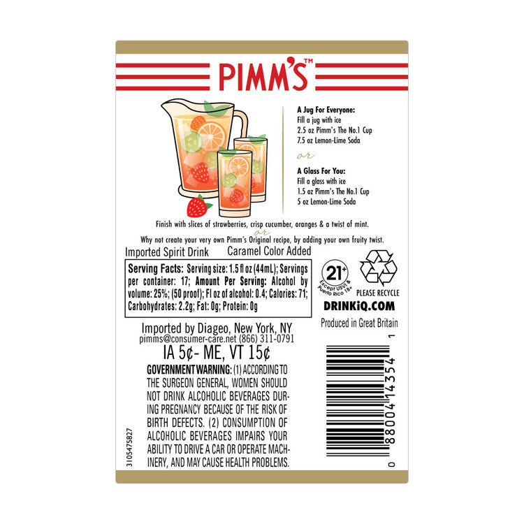 Pimms Gin Liqueur The Original No. 1 Cup 50 - 750ML - Back Label
