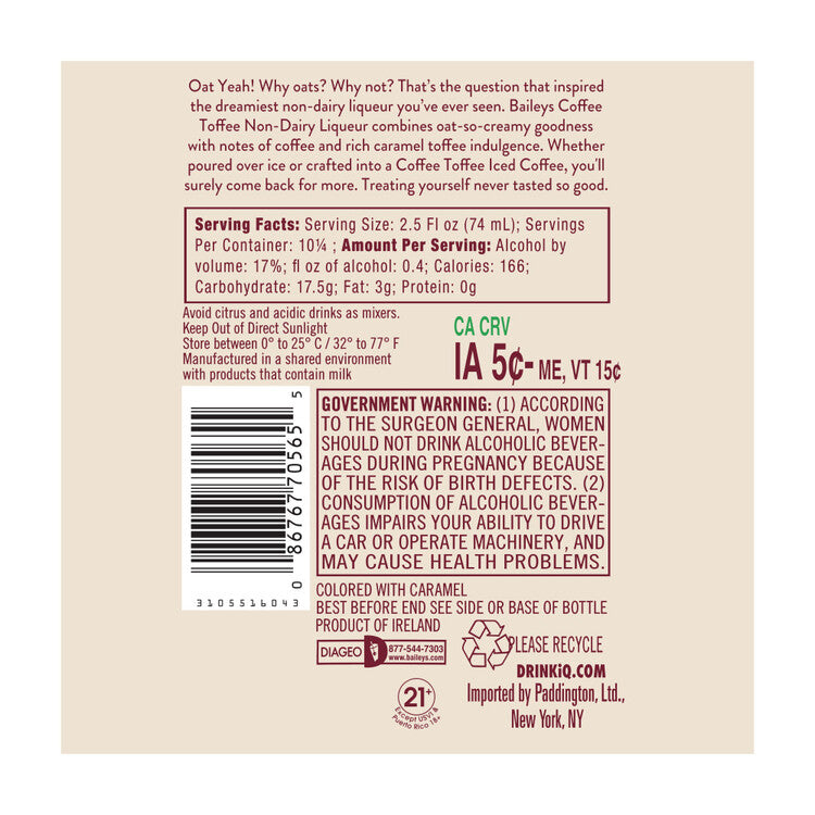 Baileys Cream Liqueur Coffee Toffee Non-Dairy Made With Oat Milk 34 - 750ML