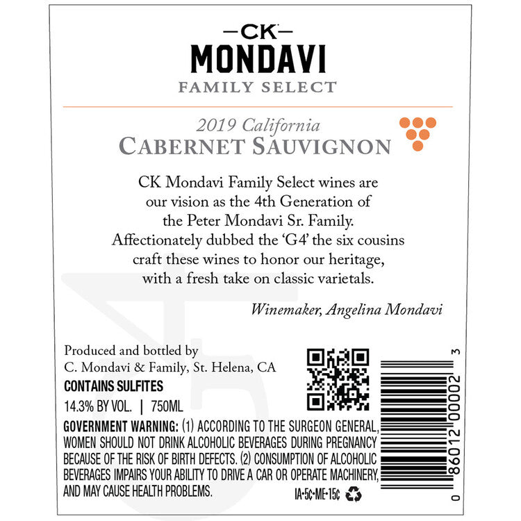 Ck Mondavi Cabernet Sauvignon G4 Oak Aged Family Select California - 750ML - Back Label