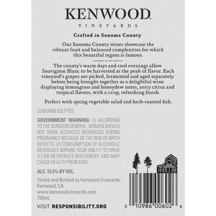 Kenwood Sauvignon Blanc California - 750ML - Back Label