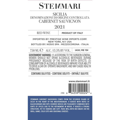 Stemmari Cabernet Sauvignon Sicilia - 750ML - Back Label