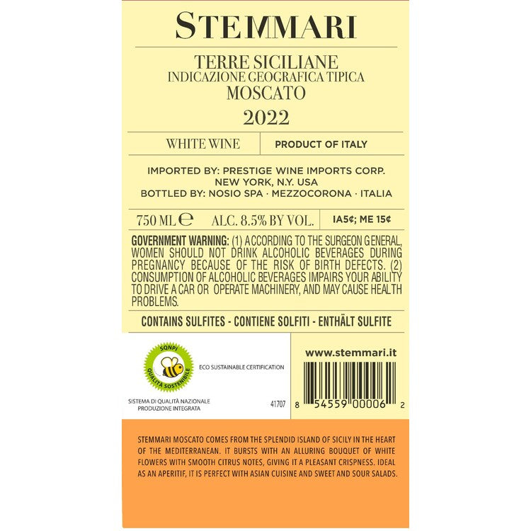 Stemmari Moscato Terre Siciliane - 750ML - Back Label