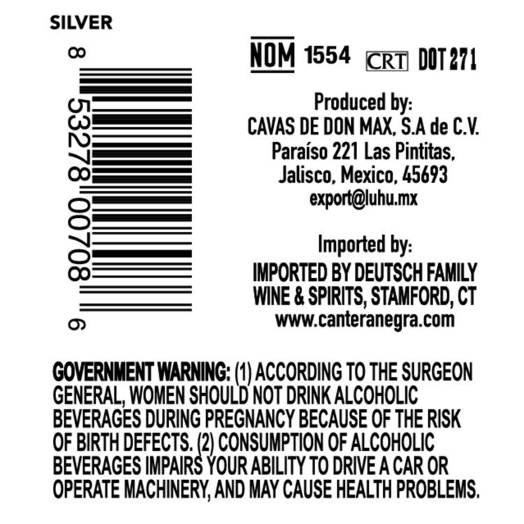 Cantera Negra Tequila Silver 80 - 750ML - Back Label