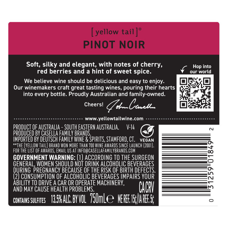 Yellow Tail Pinot Noir South Eastern Australia - 750ML - Back Label