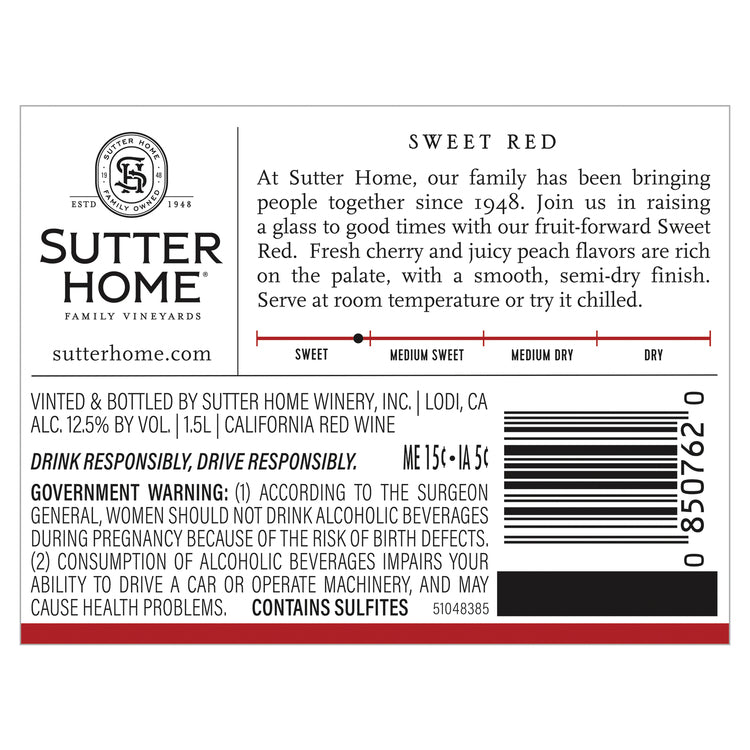 Sutter Home Sweet Red California - 1.5L - Back Label