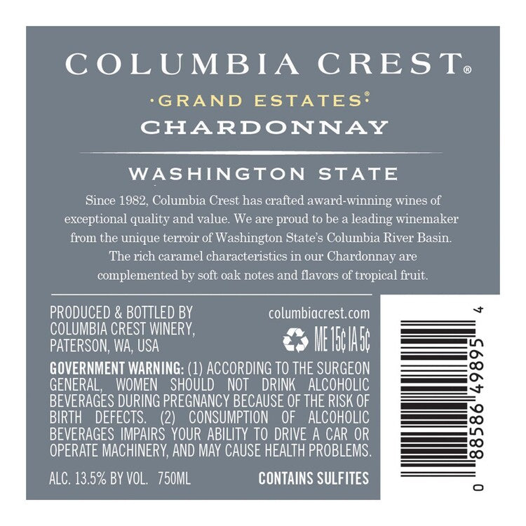 Columbia Crest Chardonnay Grand Estates Washington - 750ML - Back Label