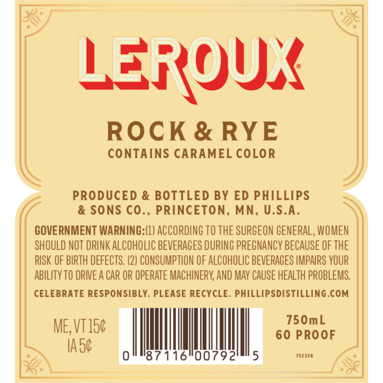 Leroux Rock & Rye 60 - 750ML - Back Label