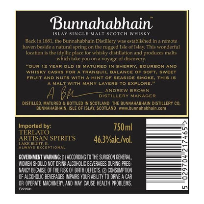 Bunnahabhain Single Malt Scotch 12 Yr 92.6 - 750ML - Back Label