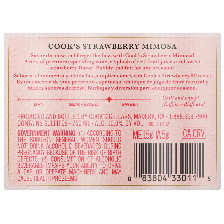 Cook's Sparkling Strawberry Mimosa Wine Based Cocktail - 750ML - Back Label