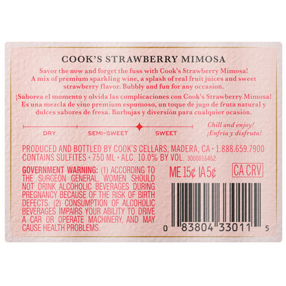 Cook's Sparkling Strawberry Mimosa Wine Based Cocktail - 750ML - Back Label